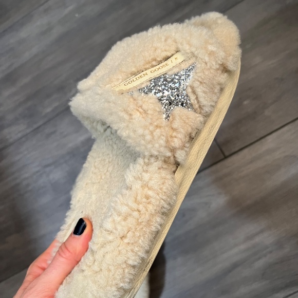 Golden Goose Shearling Slides Pool Star 42 Cream with Silver Glitter Star - Picture 6 of 8